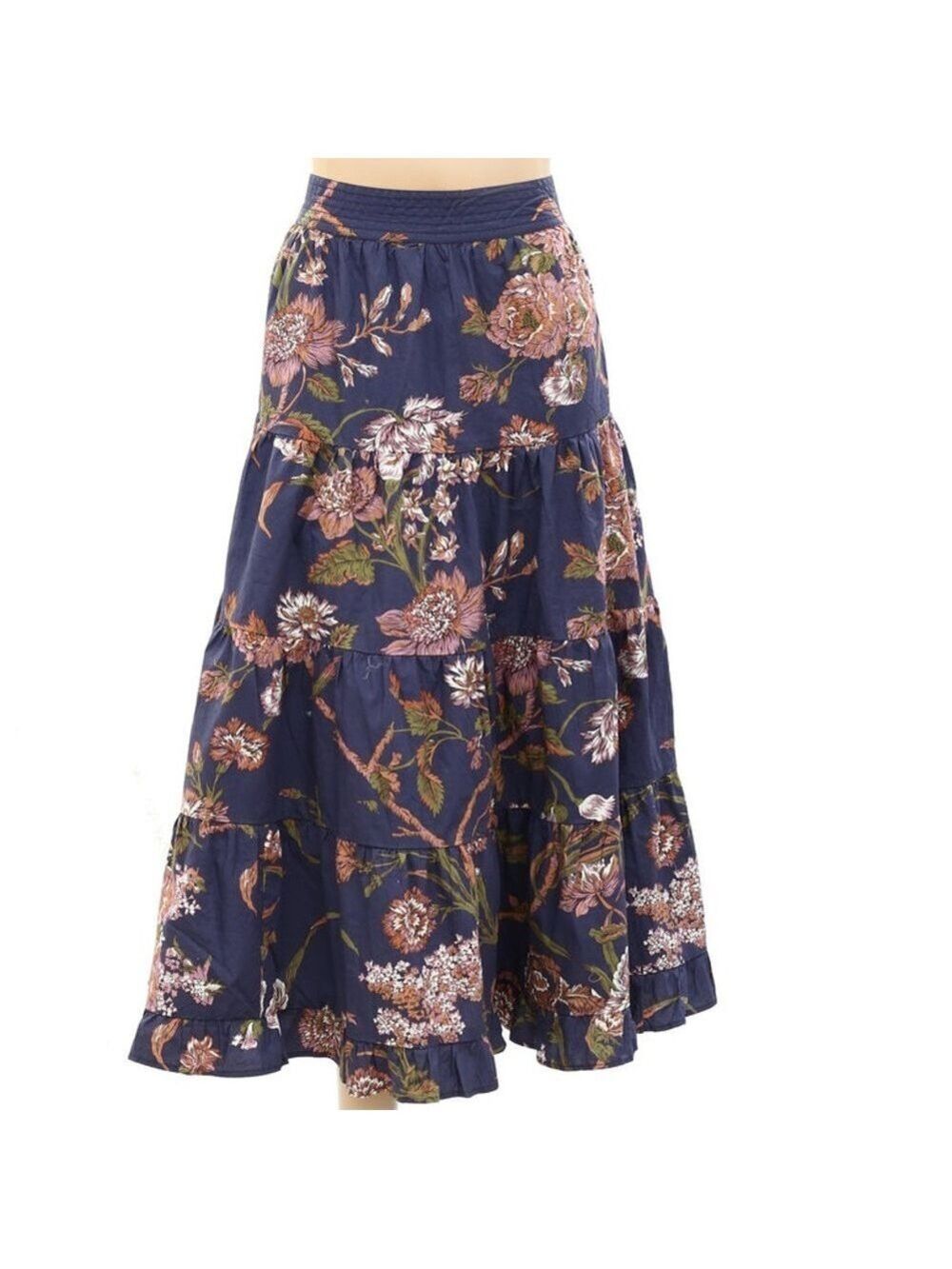 Love The Label Anthropologie Floral Print Ruffle Midi Skirt Purple Pink M